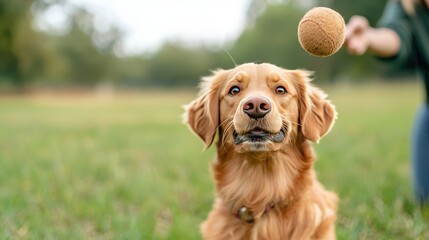 Golden retriever excitedly awaits a playful toss of its favorite ball in a lush green park setting