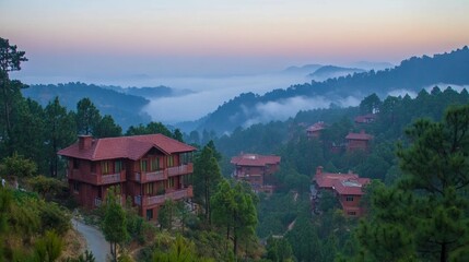 Mountain Resort with Foggy Landscape at Dawn