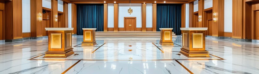 A spacious, elegant hall featuring polished marble floors, wooden accents, and decorative curtains, suitable for formal gatherings or ceremonies.