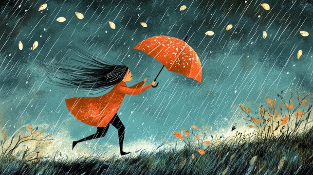 47.A whimsical illustration showing a person chasing after an umbrella being blown away by the wind. The person&acirc;&euro;&trade;s raincoat flutters, and their hair whips around as they run, while the umbrella soars