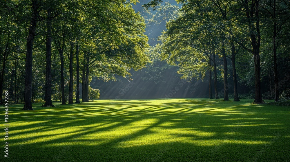 Poster sunlight filtering through trees in a lush forest clearing