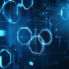 Abstract digital background with glowing blue hexagons and lines on a dark blue background.