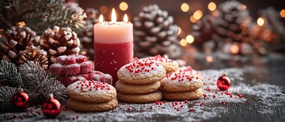 Festive Christmas Cookies with a Red Candle and Pine Cones