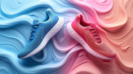 A pair of blue and pink running shoes on a wavy blue and pink background.