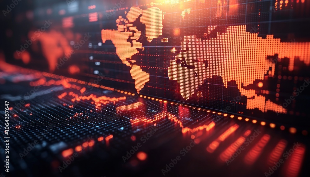 Poster A World Map Displayed on a Futuristic Digital Interface with Orange Lights
