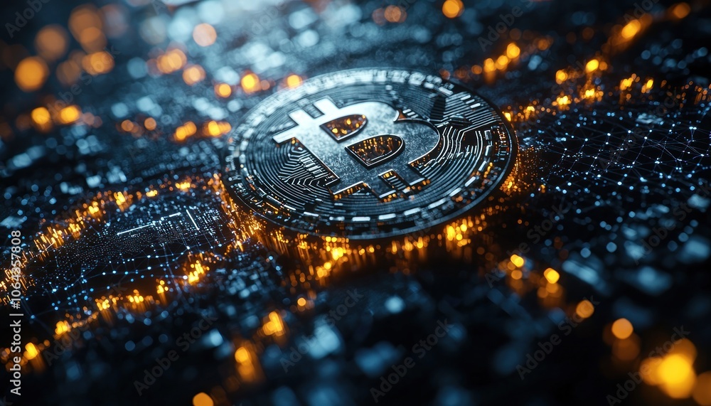 Poster A 3D Rendered Bitcoin Coin on a Circuit Board with Glowing Lights