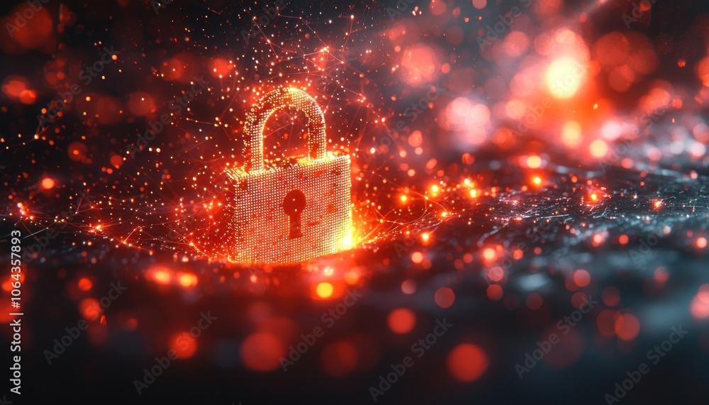 Poster glowing padlock symbol immersed in red lights and particles