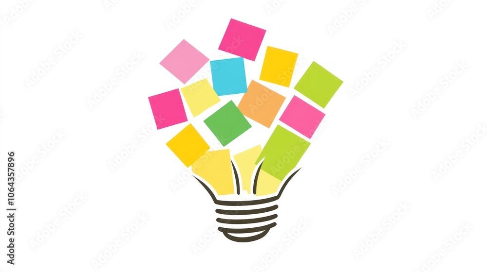 Poster a light bulb composed of colorful sticky notes, symbolizing creativity and idea generation.