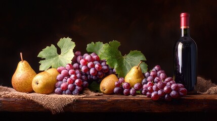 Fresh grapes and pears alongside a bottle of red wine on a rustic wooden surface with dark background lighting