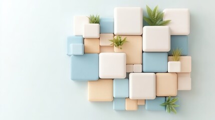 Obraz premium Abstract 3D Background with Pastel Cubes and Green Plants