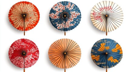 61.Japanese Umbrellas Top View. Traditional Asian Paper Japan Or Chinese Parasol With Beautiful Patterns Vector Set: