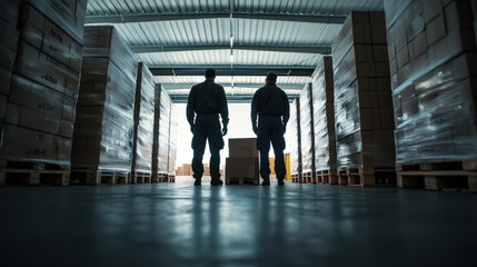 Warehouse workers silhouette standing between stacked boxes and pallets