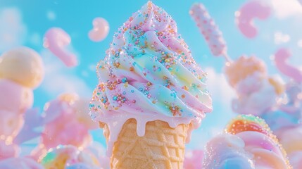 Colorful ice cream cone topped with sprinkles in a whimsical dessert land with pastel clouds and candy shapes during a sunny day