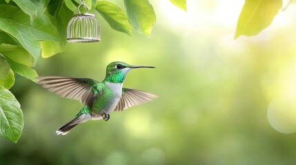 Fototapeta premium Hummingbird hovering near a birdcage surrounded by lush green leaves in a serene garden during daylight