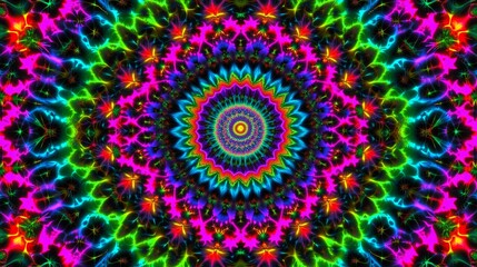 Psychedelic Rainbow Mandala Pattern   Digital Art  Neon Colors  Abstract Background
