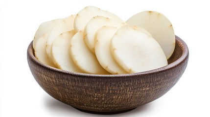 Freshly Sliced Potatoes in Wooden Bowl