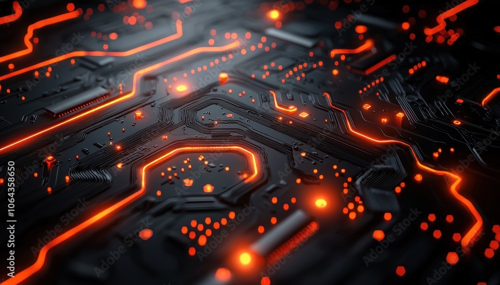 Poster close-up of an illuminated circuit board with glowing orange lines and dots