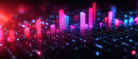 Obraz premium Abstract cityscape with neon lights and glowing dots