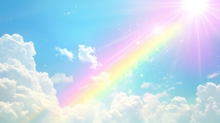 Dreamy Sky with Rainbow  Sun and Clouds Background