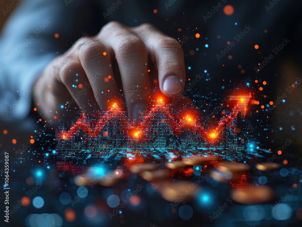 Poster hand interacting with a digital graph of rising data