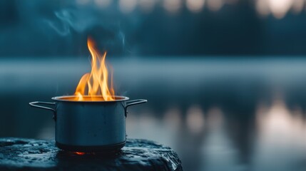 A pot boiling over an open flame near a tranquil lake at dusk, showcasing the beauty of outdoor cooking.