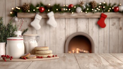 Fototapeta premium Cozy holiday setup with cookies, milk, and festive decorations near a fireplace during winter