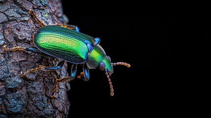 Fototapeta premium A vibrant green beetle climbing a textured tree bark in a dimly lit environment showcasing its iridescent colors and intricate features