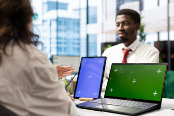 Team of HR experts negotiating job offers and salary packages with candidate, using isolated screen...