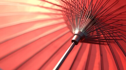 95.A realistic 3D render of a traditional Japanese parasol in vivid red, with a close-up focus on the detailed wooden spokes and the elegant curves of the umbrellaâ€™s structure. The background is