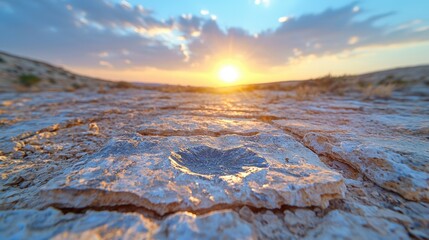 Sunset over rocky terrain with unique geological formations illuminating the sky in a tranquil outdoor environment