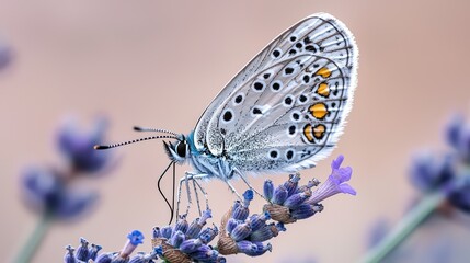 Obraz premium Beautiful butterfly perched on lavender flowers in a tranquil garden during a sunny afternoon