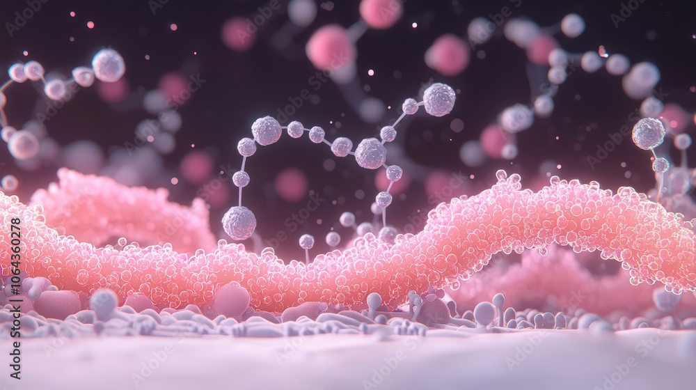 Poster an intricate visual representation of molecular structures and chemical interactions in a vibrant pi