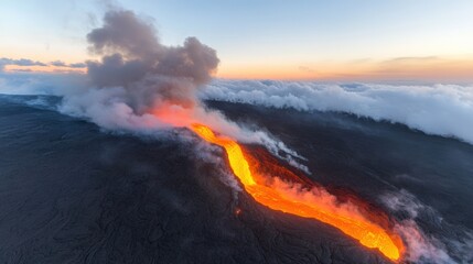 Lava flow illuminated by sunset with volcanic smoke rising over a dramatic landscape in a remote location