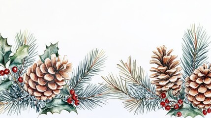 Watercolor Christmas Border with Pine Cones, Holly, and Berries on White Background for Festive Holiday Designs