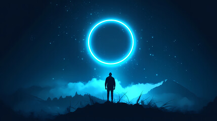 Fototapeta premium A mystical concept of a man standing on a hill with a glowing neon circle portal in the night sky. with a misty winter landscape in the distance. Mystical. Illustration