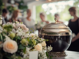 Solemn Cremation Ceremony with Urn Flowers and Candles on Elegantly Decorated Table