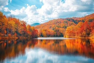 Fototapeta premium Stunning Autumn Landscape of Vibrant Foliage Reflected in Serene Mountain Lake