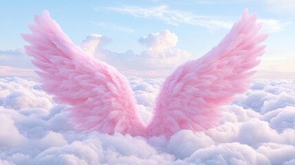 Fototapeta premium Pink angel wings emerging from fluffy clouds during a serene and bright afternoon sky