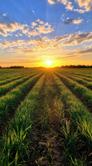 A stunning sunset casts a golden glow over lush green fields, highlighting the beauty of nature and the serenity of rural life as day transitions into night.