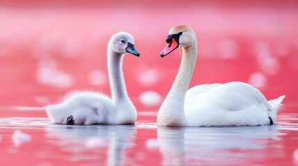 Fototapeta premium A serene moment between a mother swan and her cygnet swimming together on a calm lake at sunrise
