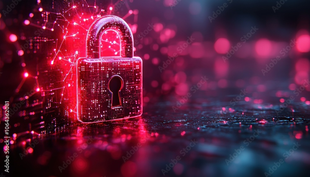 Poster Glowing Red Padlock with Circuitry Design and Abstract Background