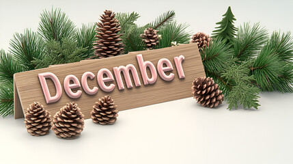 "December" text Appears to be a wooden deck of cards with letters transposed on a white background, accompanied by pine cones and evergreen branches