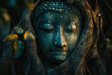 Weathered Buddha Statue Shrouded in Verdant Foliage Embodying Timeless Spiritual Serenity