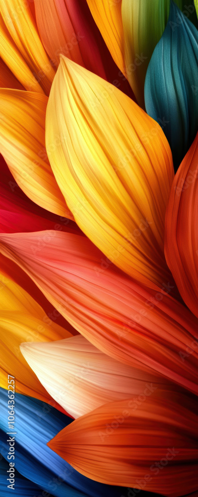 Poster a captivating display of colorful petals, blending hues of orange, red, and blue, creating a mesmeri