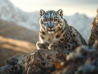 Obraz premium Powerful Snow Leopard Stalking on Rocky Mountain Cliff Edge in Scenic Himalayan Landscape