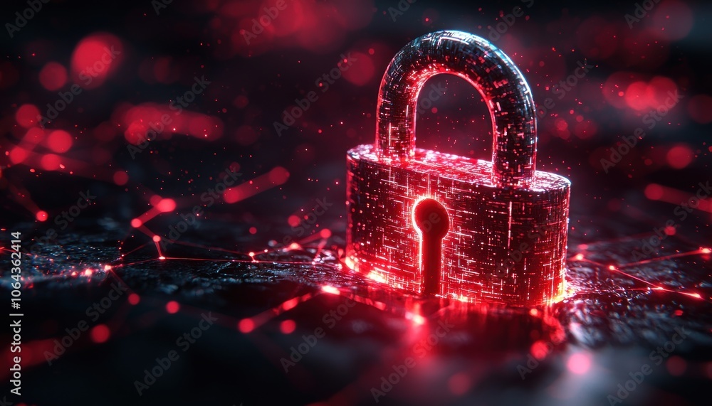 Poster glowing red padlock on a digital network surface