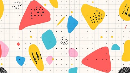 Abstract seamless pattern with colorful geometric shapes on a white background with a grid.
