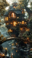 Obraz premium Enchanted Treehouse in a Magical Forest - Fantasy Architecture and Landscape