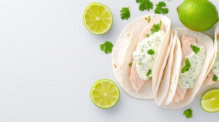 Fresh fish tacos with creamy sauce and lime wedges arranged neatly on a light surface for a vibrant culinary presentation