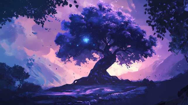 Fantasy tree silhouette in mystical setting with ancient whispers. Mystical. Illustration